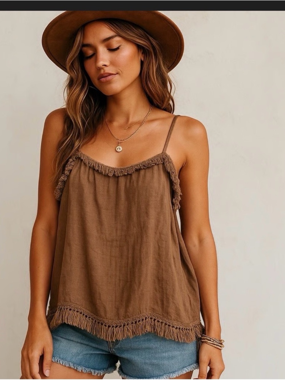 Francesca Bettini Italian Linen Fringe Tan Top Boho Chic,M